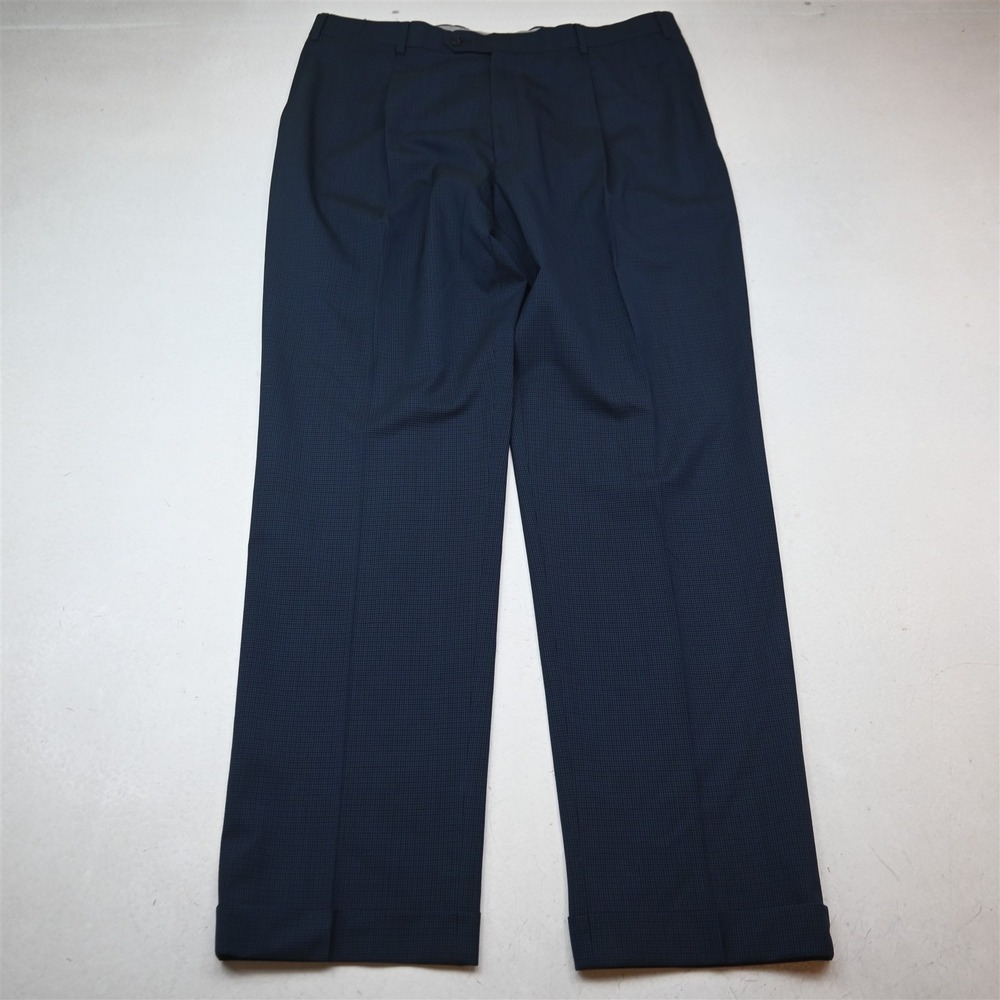Hart Schaffner Marx 38x34 Blue Check 100% Wool Pleated Classic Dress Mens Pants